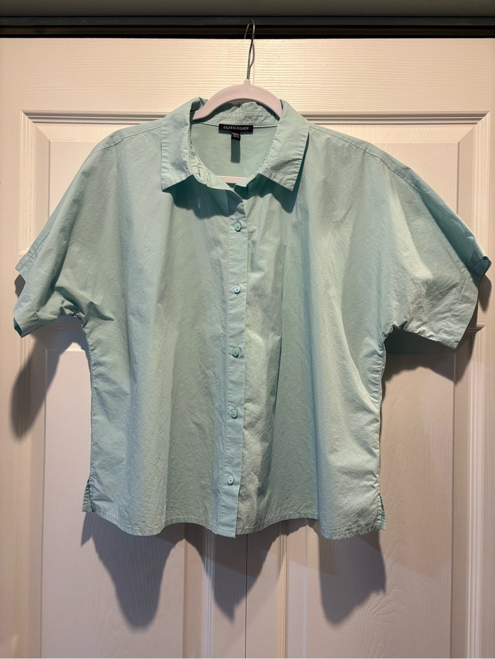 Eileen Fisher mint green cotton button front boxy short sleeve blouse shirt sz M